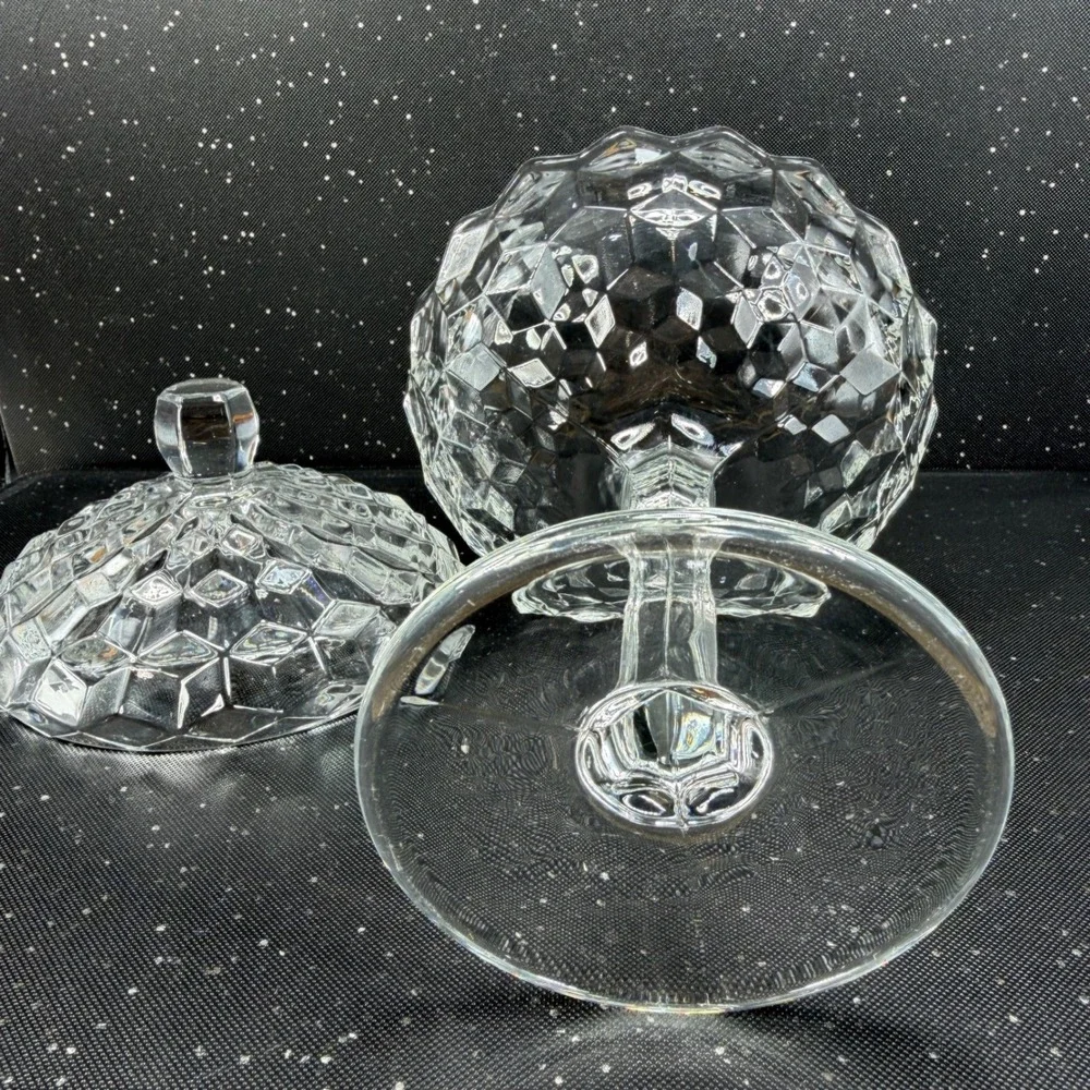Fostoria American Clear Glass Cubist Pedestal Compote Lidded Candy Dish 9in Tall